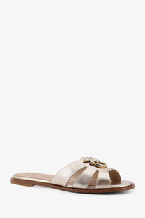 Pinko women’s milly leather slide sandal in gold tone with sleek minimalist design and gold-tone logo clasp