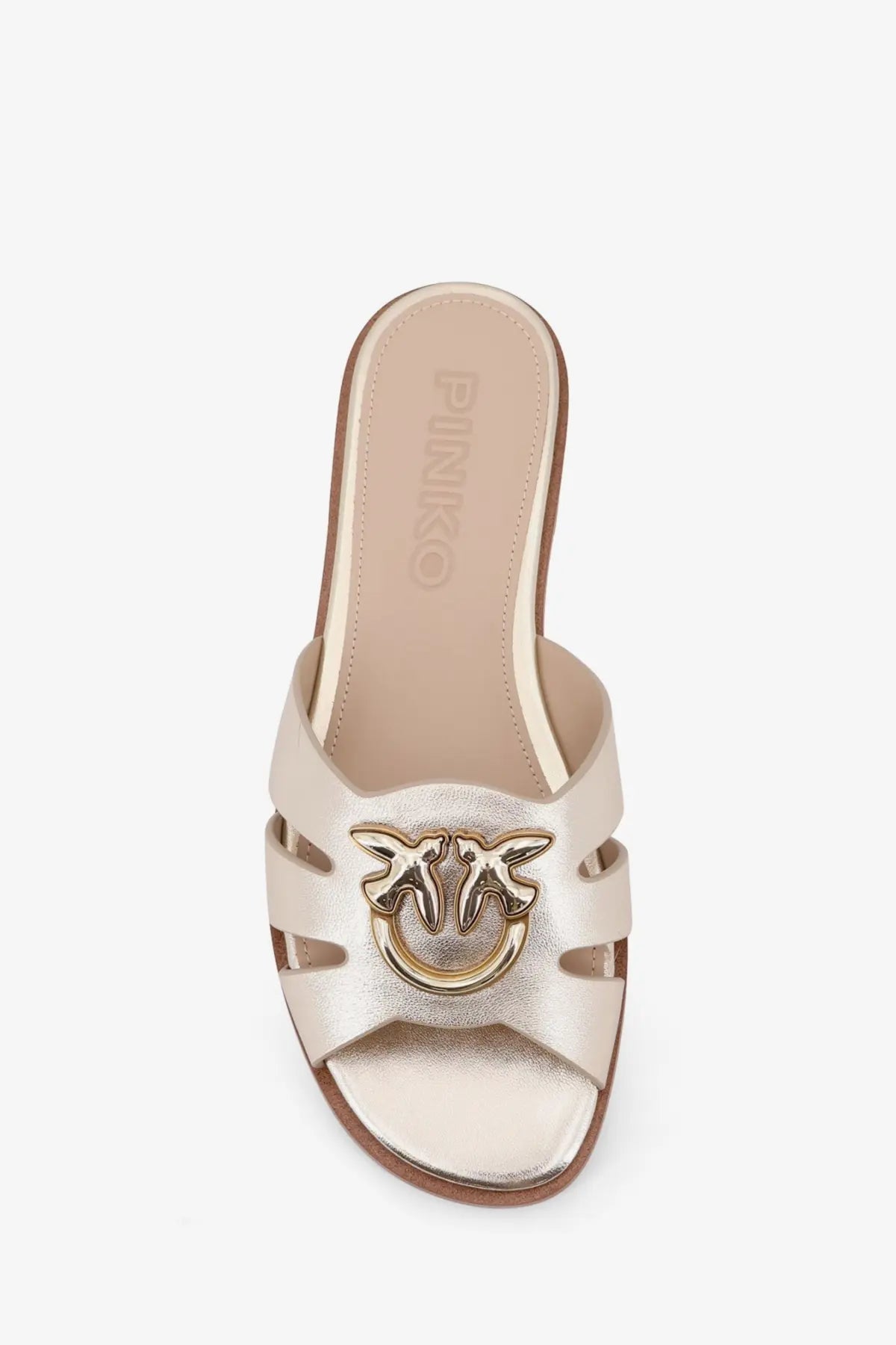Pinko women’s milly leather slide sandal in metallic gold with bird-shaped buckle and cut-out straps