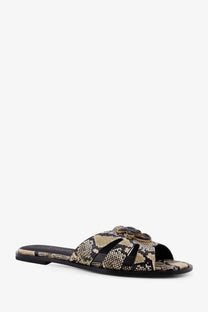 Pinko women’s milly low leather sandals in black and beige snake print with gold-tone logo buckle slide design