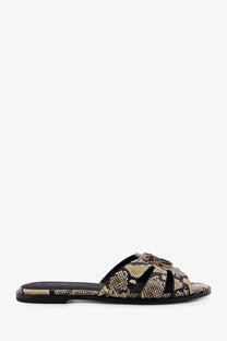 Pinko women’s Milly low leather sandals with black and beige snake-print slide and gold-tone buckle detail