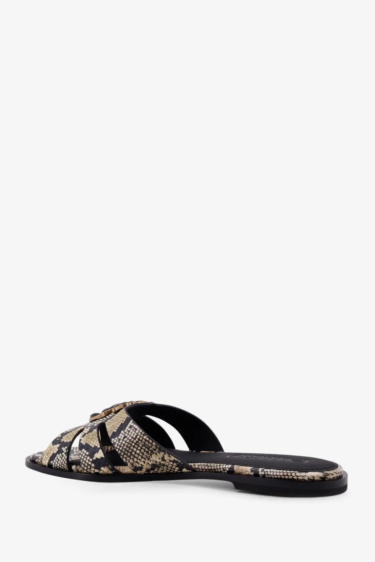 Pinko women’s Milly low leather sandals featuring snake-print slide design with black straps and a minimalist style