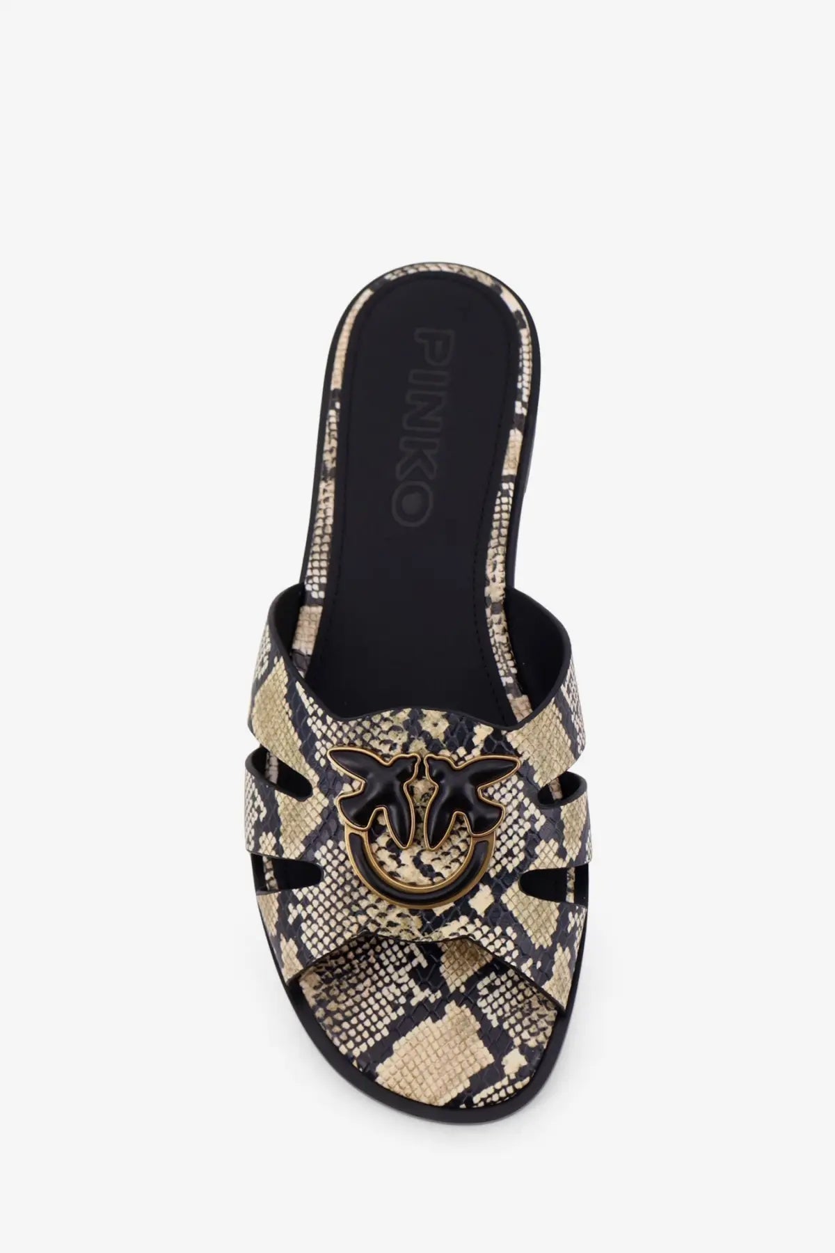 Pinko womens milly low leather sandals featuring snake print slide design with gold-tone bird emblem and black accents
