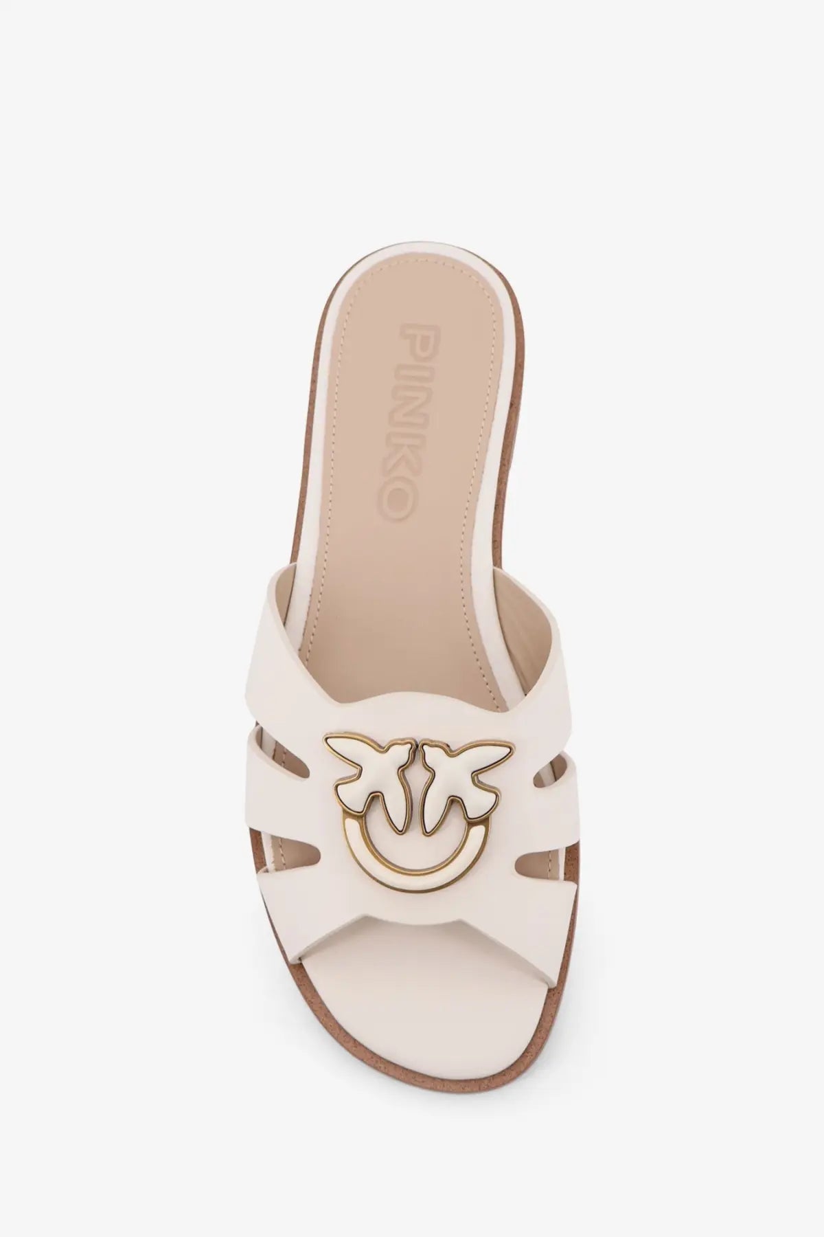 Cream-colored leather slide sandal with gold-tone bird and ring logo by Pinko for women