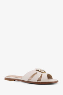 Cream-colored cream leather slide sandal with gold-tone circular logo buckle from Pinko women’s Milly low sandals white