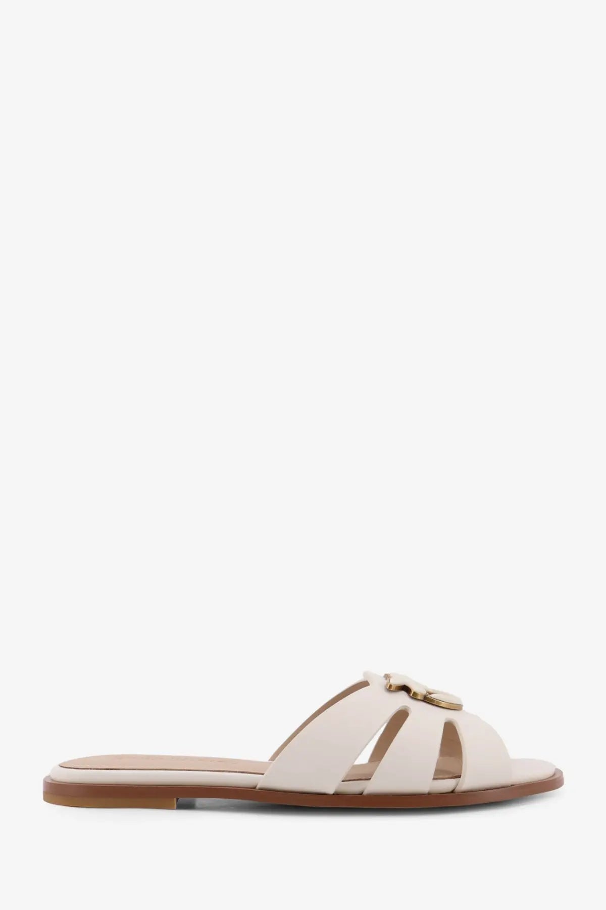 Cream-colored leather slide sandal with gold-tone buckle detail from Pinko womens Milly low leather sandals white collection