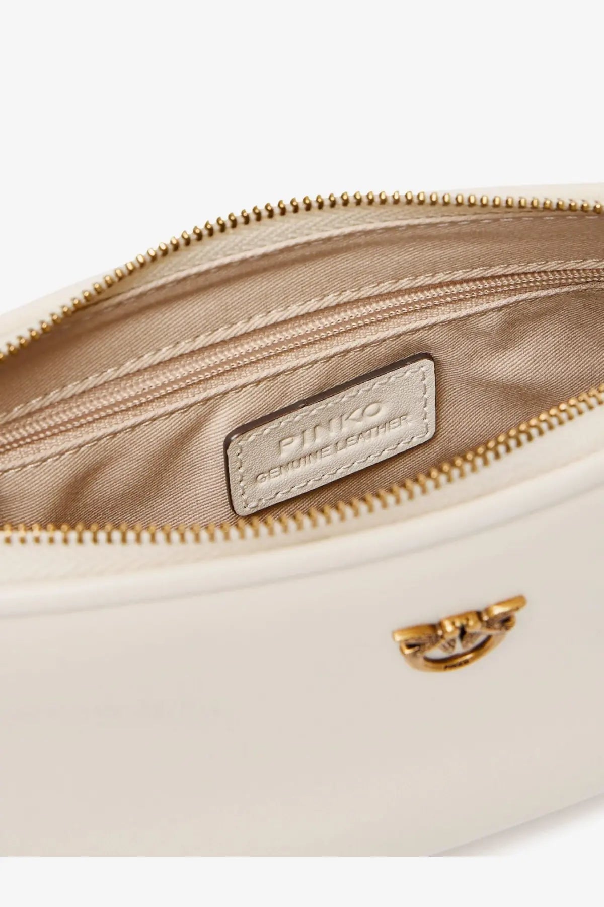 Pinko women’s mini half moon leather crossbody bag white with cream-colored smooth leather and gold-tone zipper hardware