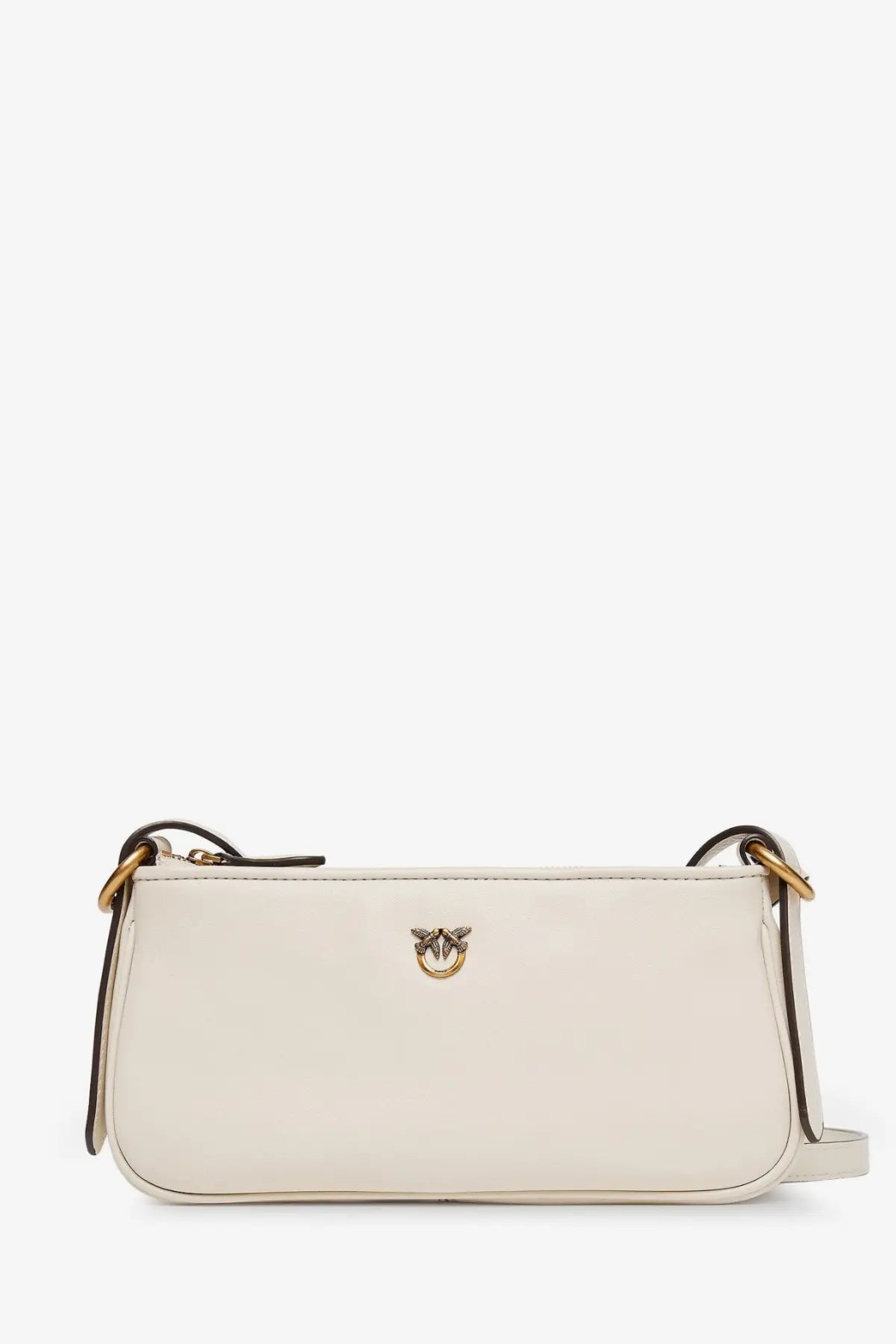 Pinko women’s mini half moon cream-colored leather crossbody bag with gold-tone hardware and bird logo clasp