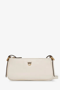 Pinko women’s mini half moon cream-colored leather crossbody bag with gold-tone hardware and bird logo clasp