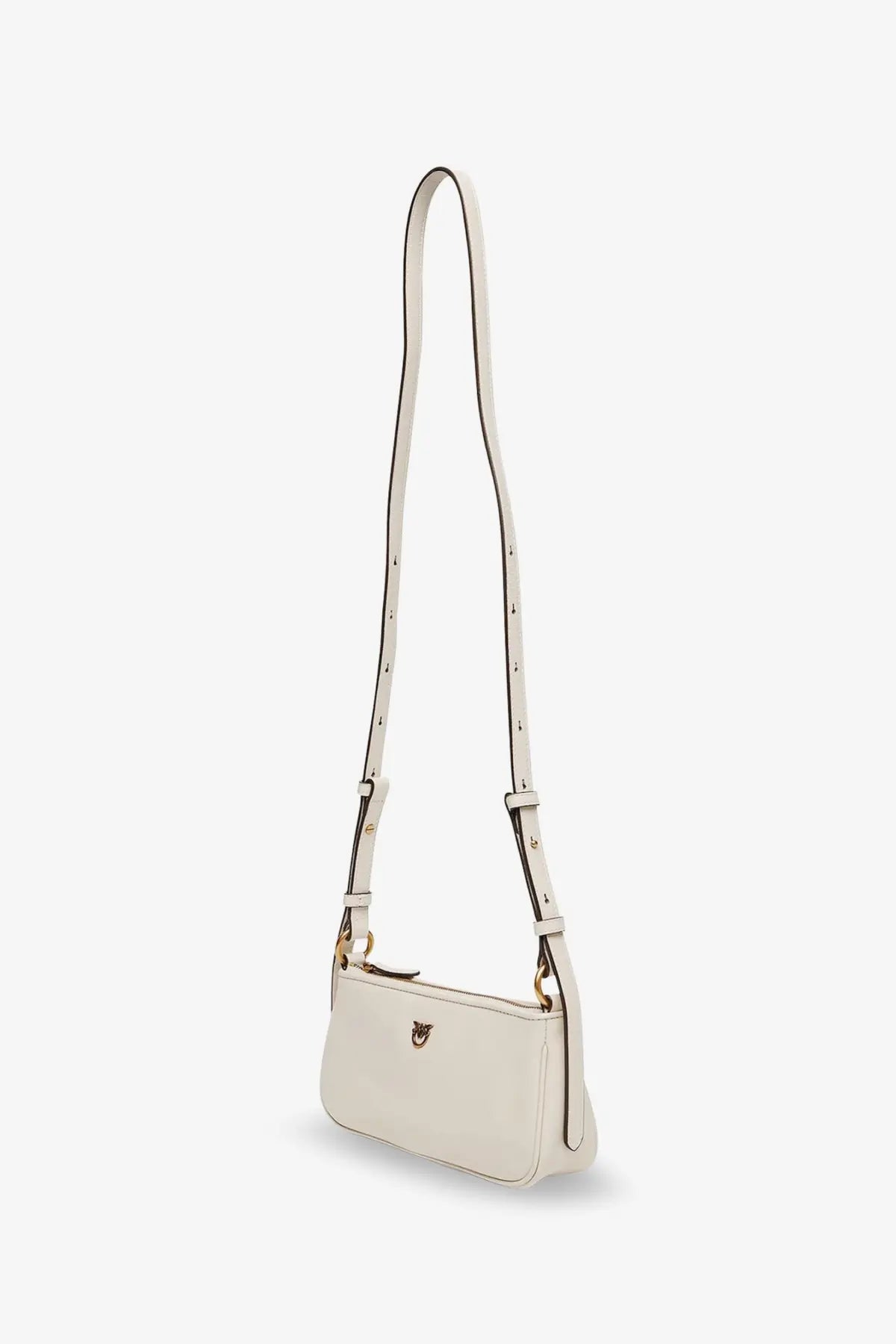 Cream-colored pinko women’s mini half moon leather crossbody bag with gold-tone logo clasp and adjustable strap