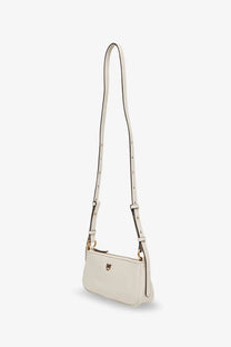 Cream-colored pinko women’s mini half moon leather crossbody bag with gold-tone logo clasp and adjustable strap