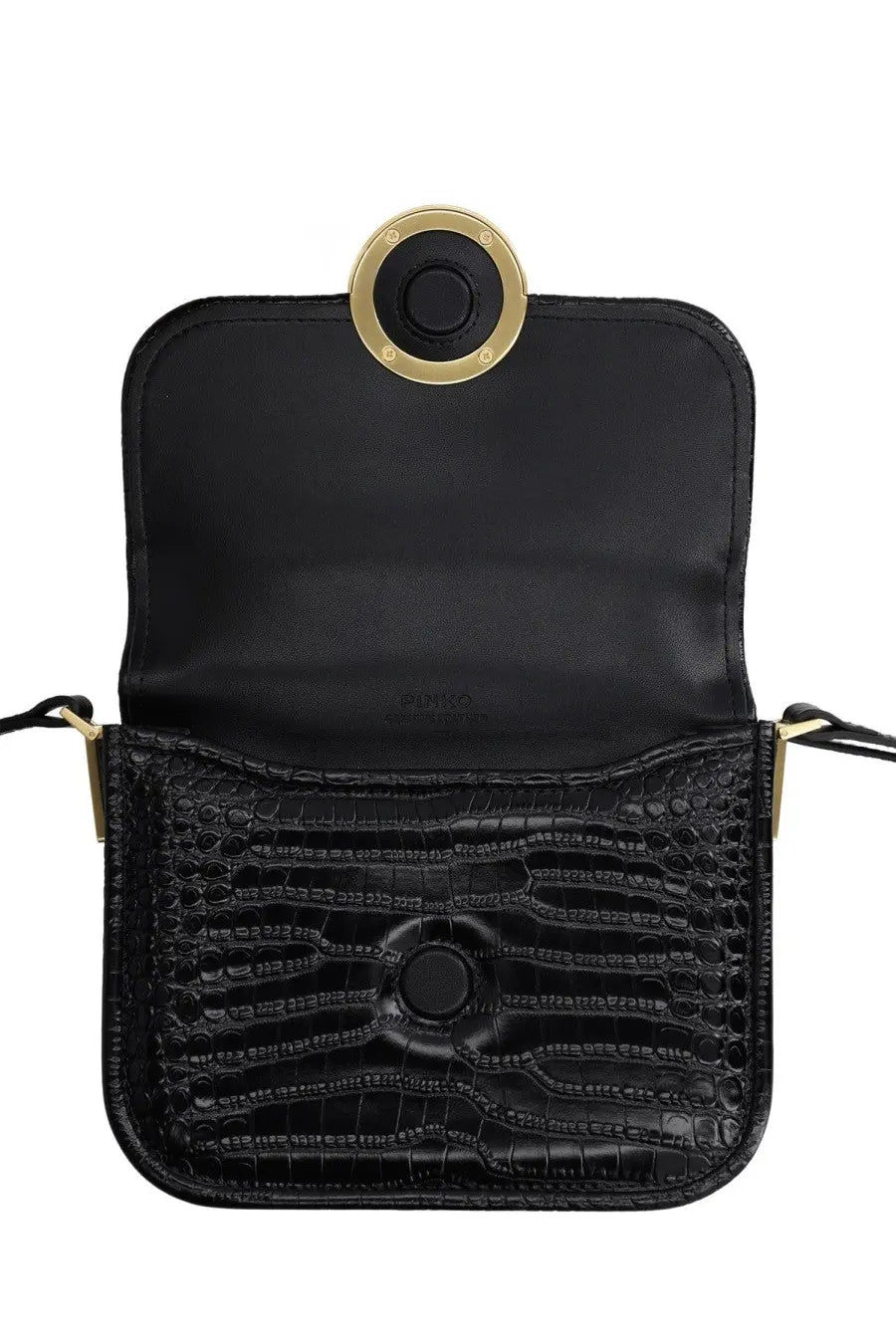 Pinko women’s mini Love bag black in black crocodile-embossed leather with gold-tone circular hardware and central clasp