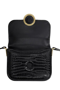 Pinko women’s mini Love bag black in black crocodile-embossed leather with gold-tone circular hardware and central clasp