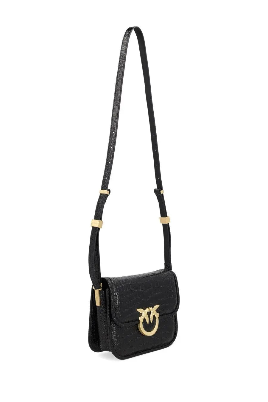 Pinko women’s mini love bag black crossbody with black crocodile-textured leather and gold-tone bird clasp