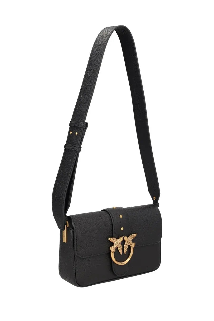 Pinko women’s mini love bag black leather crossbody bag with gold-tone bird-shaped clasp and matching hardware
