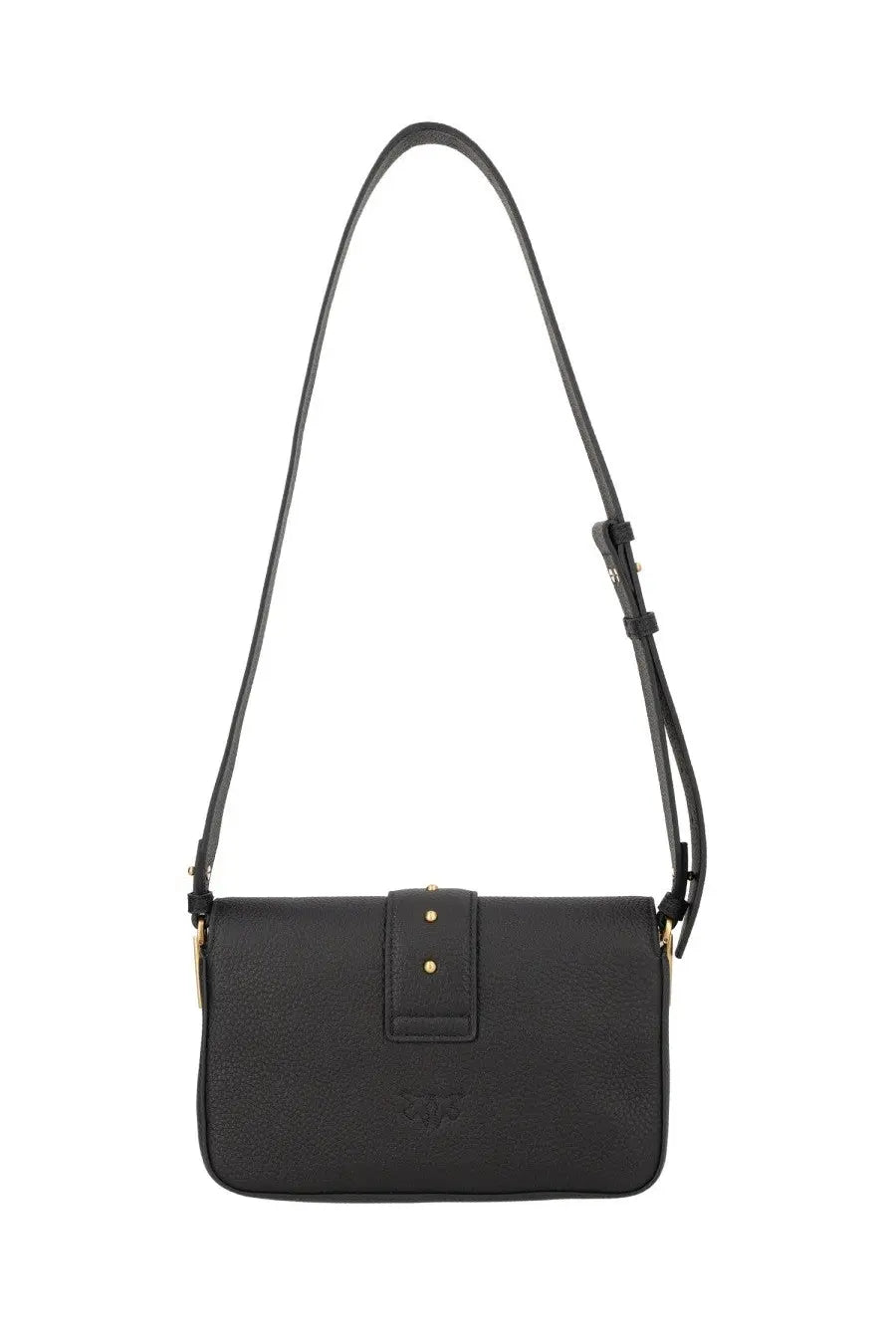 Pinko women’s mini love bag black is a black textured leather crossbody bag with gold-tone hardware and minimalist design
