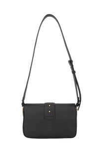 Pinko women’s mini love bag black is a black textured leather crossbody bag with gold-tone hardware and minimalist design
