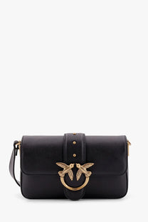 Pinko women’s mini love leather crossbody bag in black with gold-tone bird clasp and stud detailing