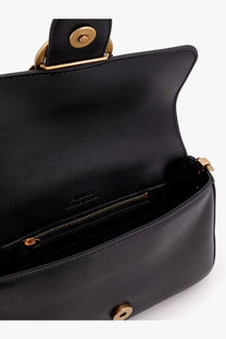 Black leather crossbody bag with gold-tone hardware and minimalist design from Pinko Women’s Mini Love Bag collection
