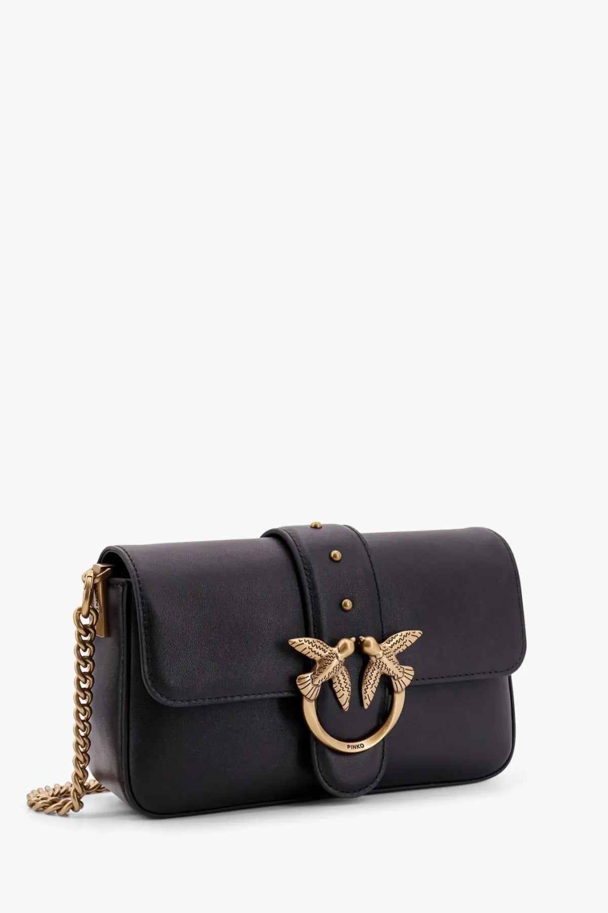 Pinko women’s mini love bag black leather crossbody bag with gold-tone bird clasp and chain strap