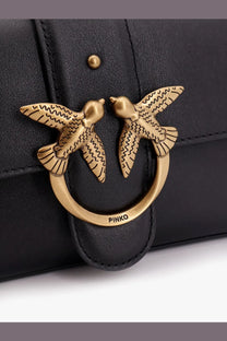 Black leather Pinko mini love bag crossbody featuring a gold-tone clasp with two detailed birds in flight