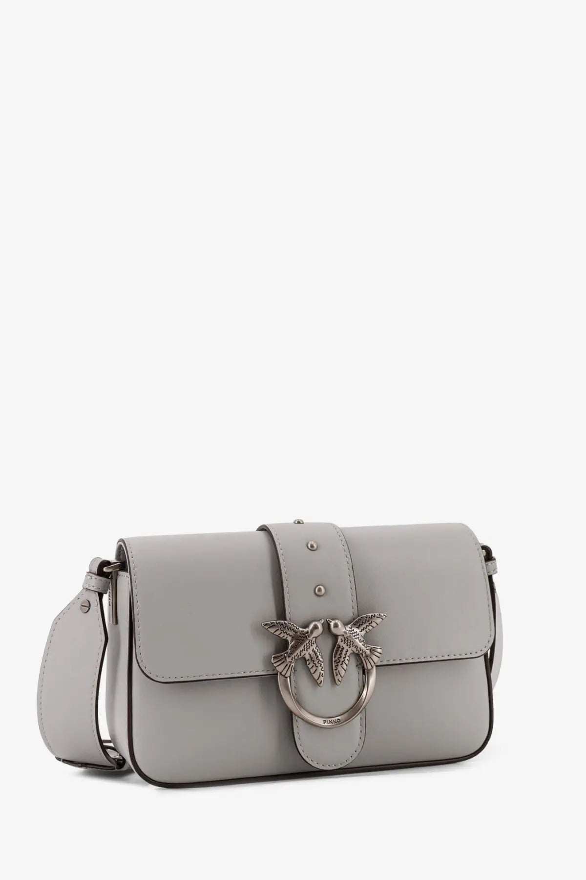 Pinko women’s mini love bag grey leather crossbody bag with silver-tone bird clasp for stylish everyday use