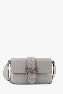 Pinko women’s mini love bag leather crossbody bag in light gray with silver bird clasp engraved with brand name