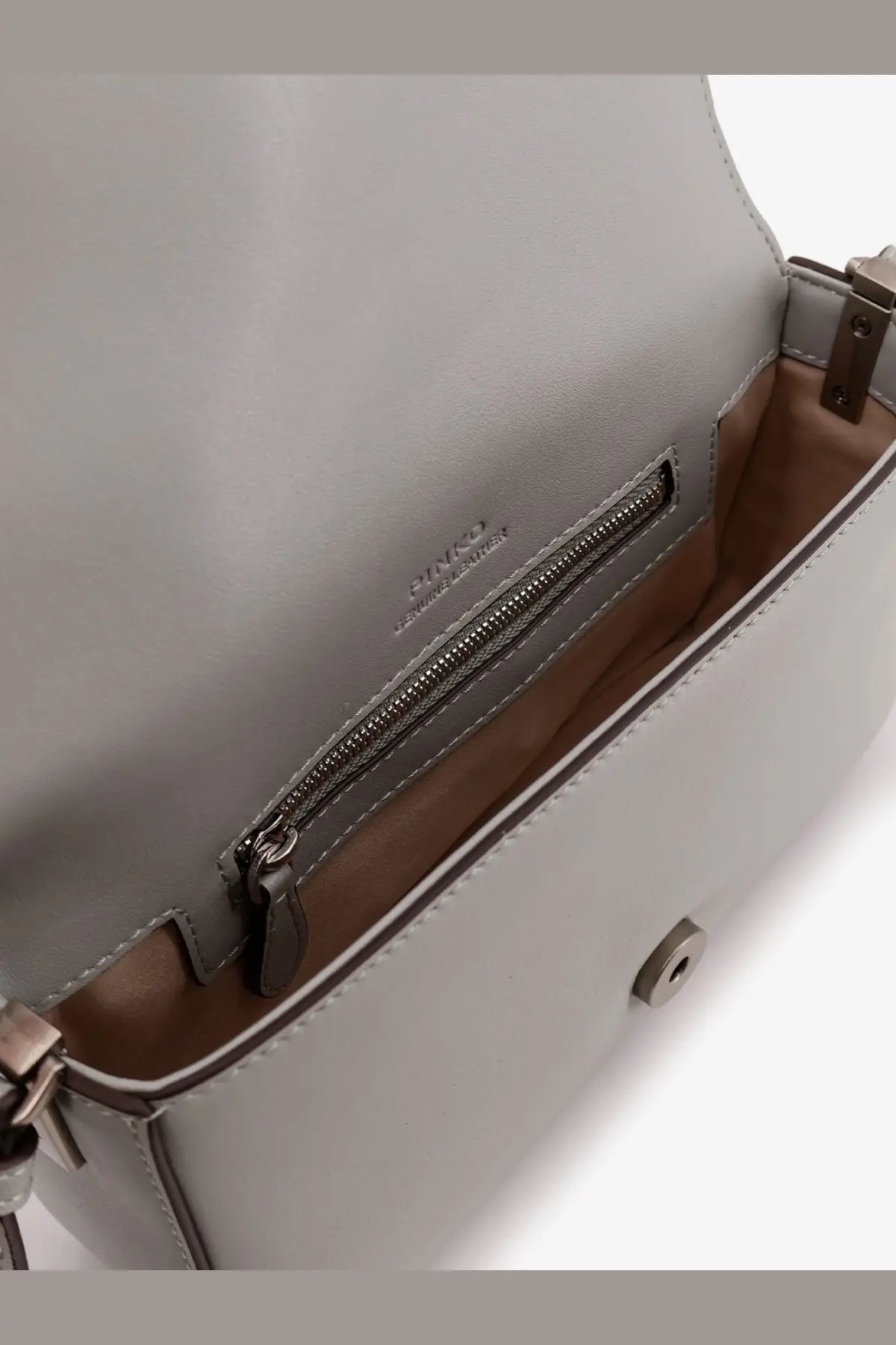 Pinko women’s mini love bag grey leather crossbody bag with silver hardware and zippered interior compartment