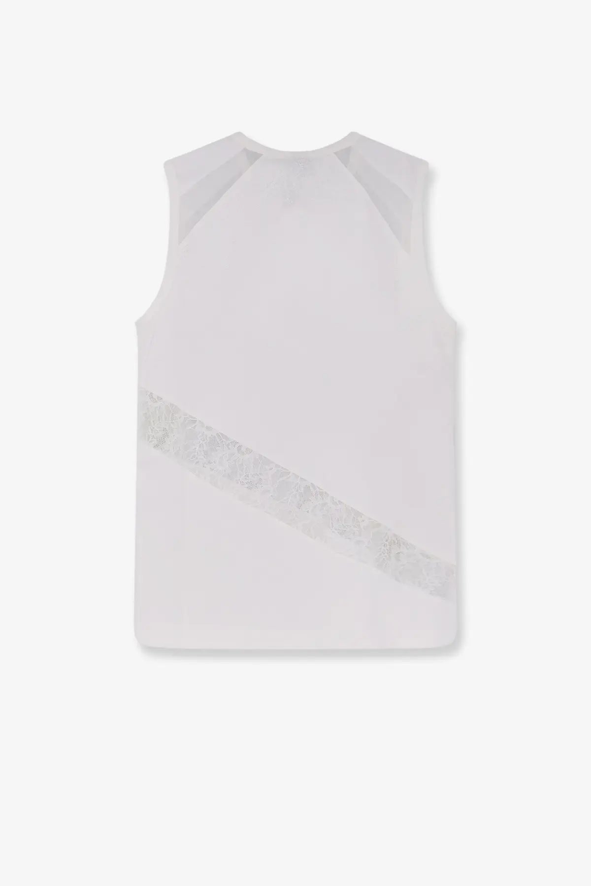 Pinko women’s molly white sleeveless cotton tank top with a diagonal sheer lace band across the lower front