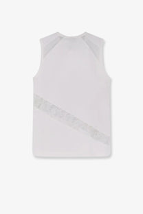 Pinko women’s molly white sleeveless cotton tank top with a diagonal sheer lace band across the lower front
