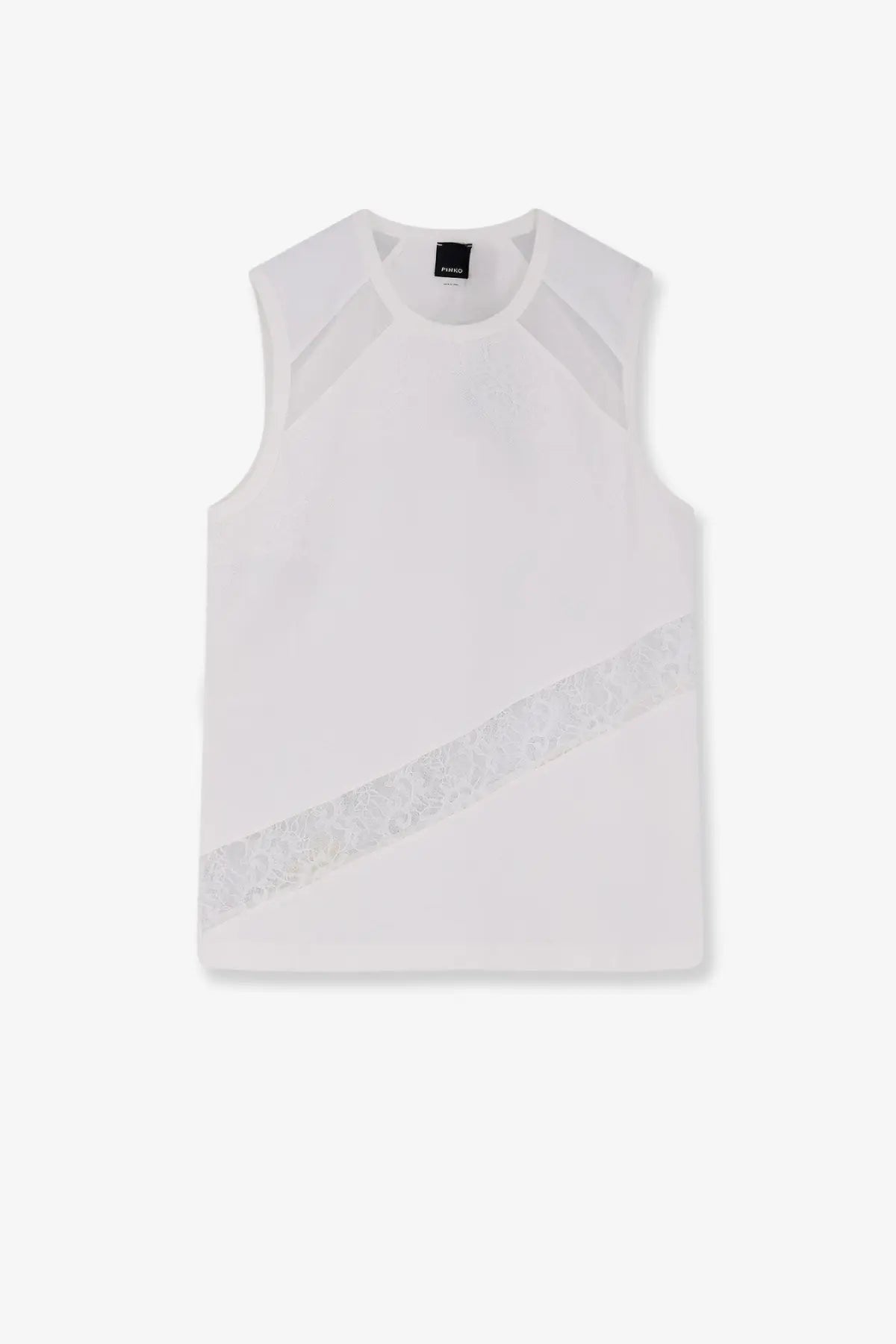 Pinko women’s molly white cotton tank top with sheer mesh panels and diagonal lace trim in a sleeveless design