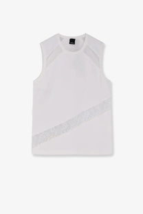 Pinko women’s molly white cotton tank top with sheer mesh panels and diagonal lace trim in a sleeveless design