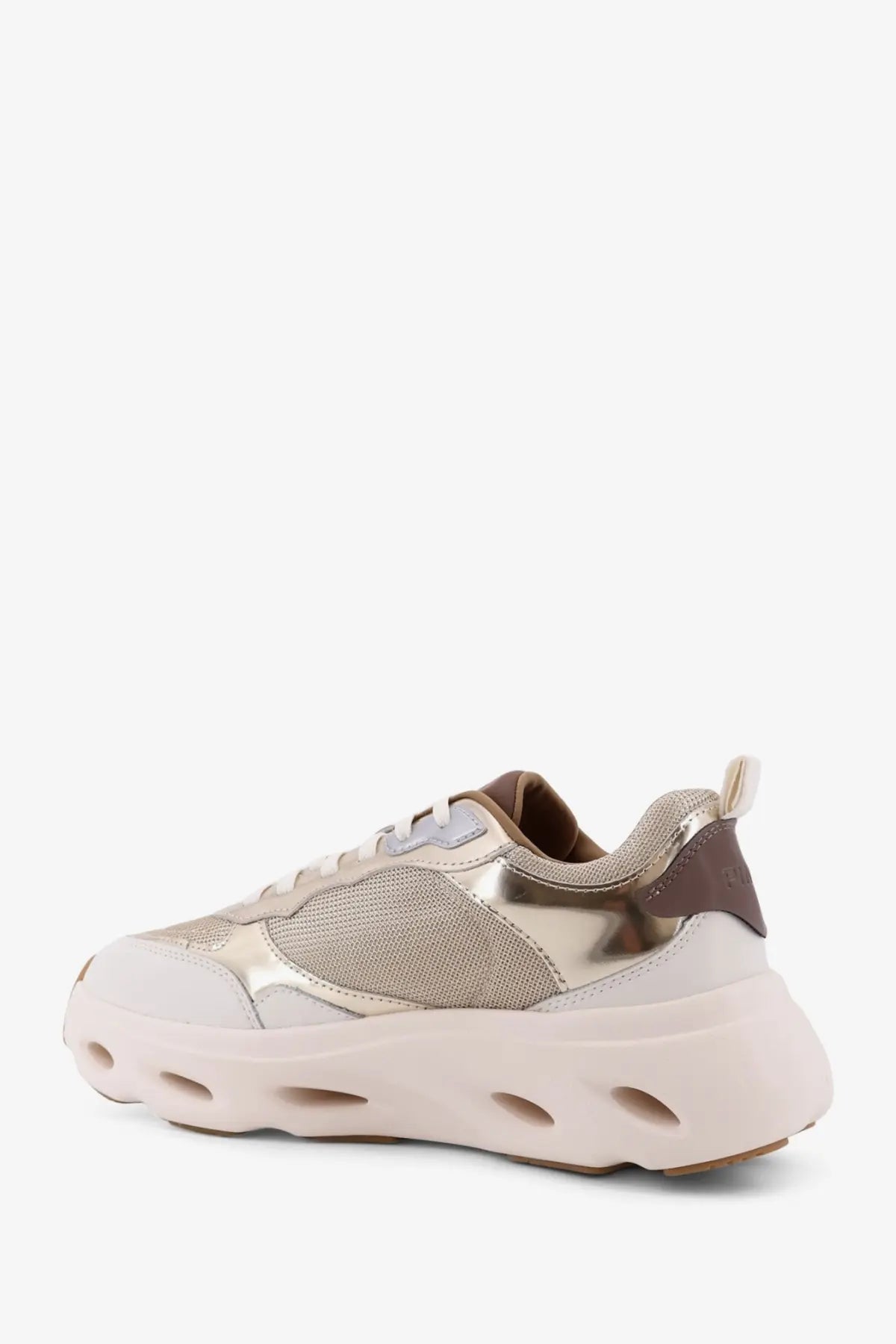Pinko women’s beige leather chunky sneaker with metallic gold mesh upper white laces and foam sole