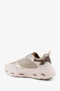 Pinko women’s beige leather chunky sneaker with metallic gold mesh upper white laces and foam sole