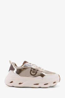 Pinko women’s beige leather sneakers with metallic gold and white chunky sole and mesh upper featuring embroidered logo