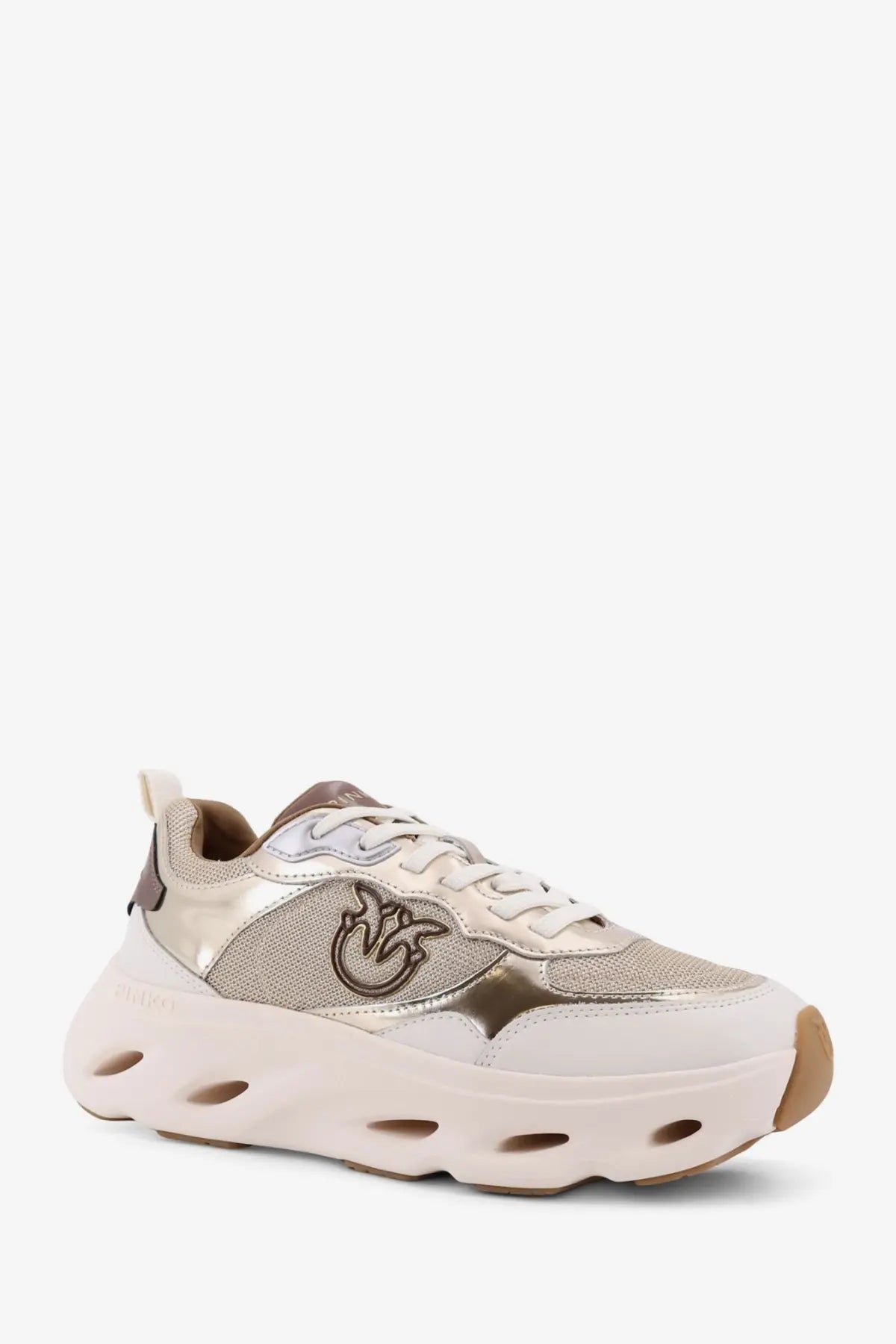 Pinko women’s pink leather sneakers beige with metallic gold and white chunky sole and mesh upper featuring embroidered logo