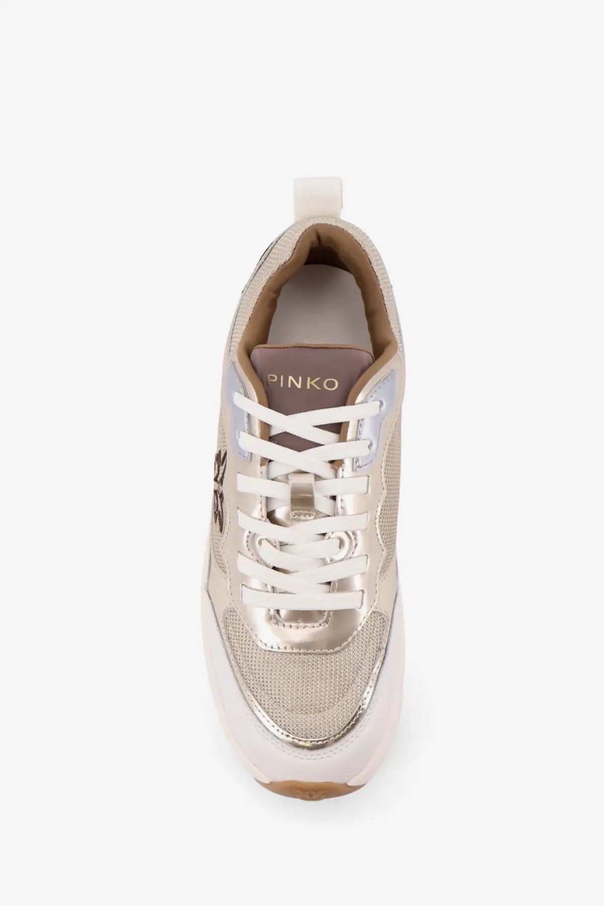 Pinko women’s pink leather sneakers beige with metallic gold and white chunky sole mesh panels lace-up design