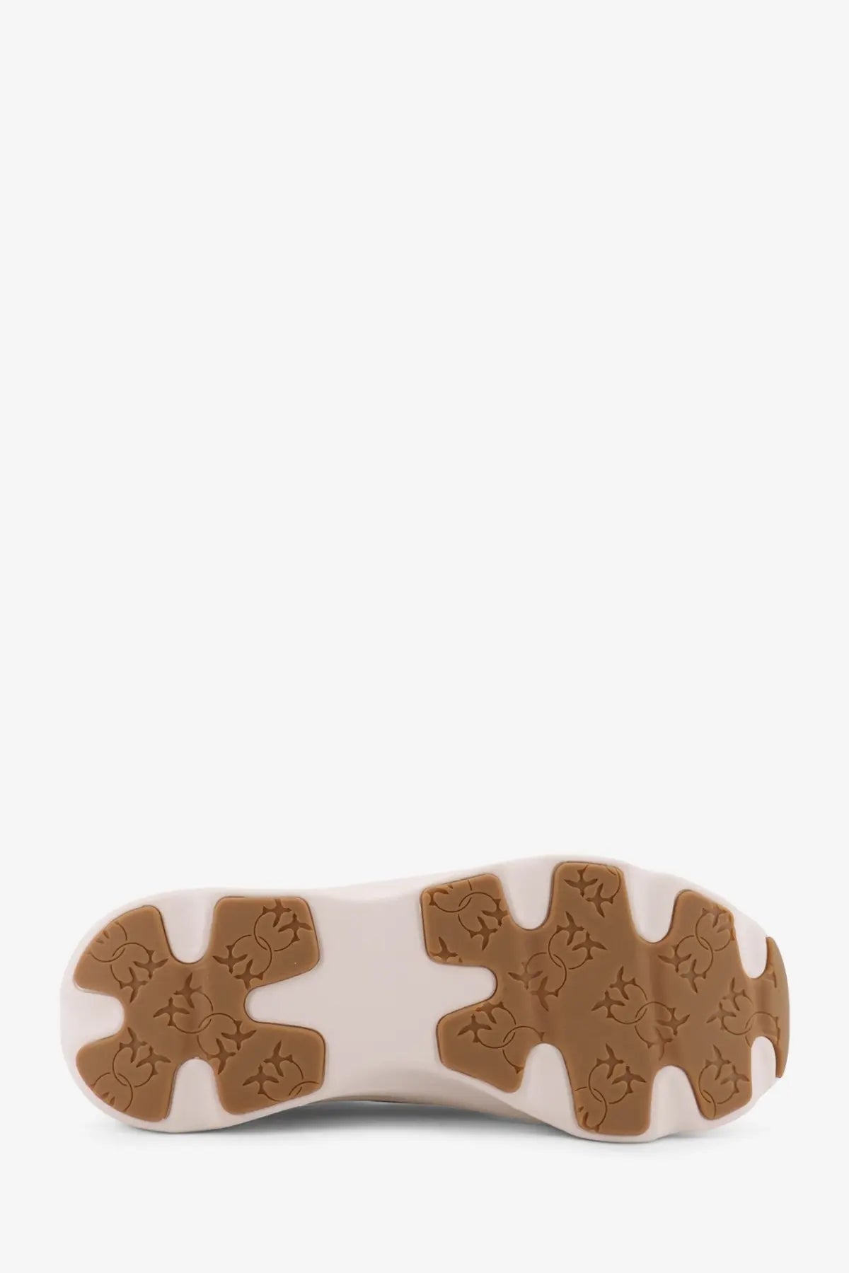 Pinko women’s pink leather sneakers with white and tan chunky sole featuring repeating logo pattern