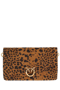 Pinko women’s pochette small con tracolla clutch in brown leopard print with gold-tone bird clasp and hardware