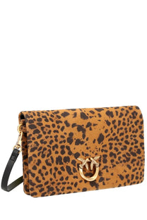Pinko women’s pochette small con tracolla leopard print clutch bag in tan and black with gold bird clasp