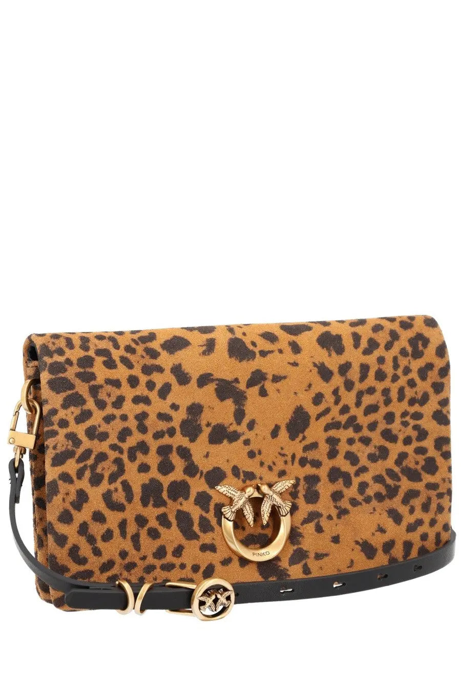 Pinko women’s pochette small con tracolla tan and black leopard print clutch bag with gold tone butterfly clasp and hardware