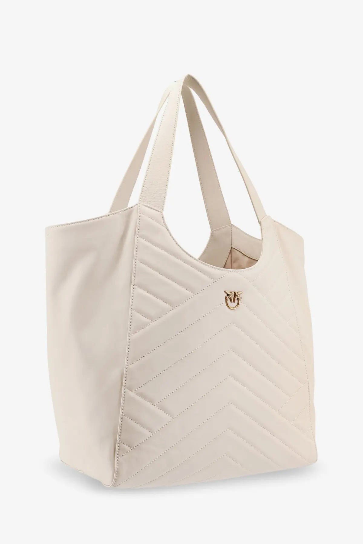 Cream-colored quilted leather tote bag with gold-tone pinko logo emblem designed for women shoulder use