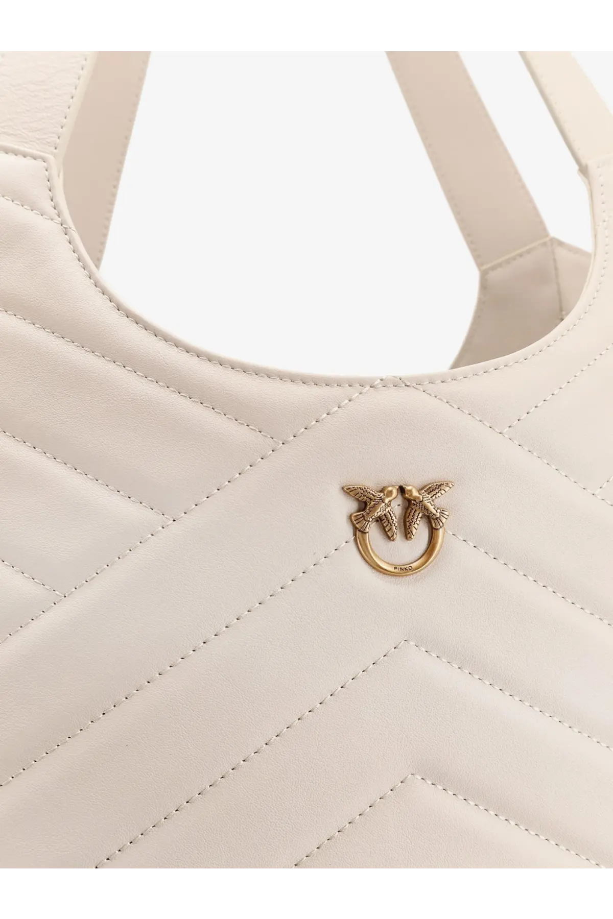 Cream-colored Pinko women’s quilted leather tote bag with gold-tone bird and ring logo shoulder bag BIA