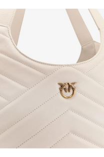 Cream-colored Pinko women’s quilted leather tote bag with gold-tone bird and ring logo shoulder bag BIA