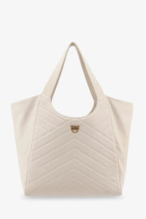 Cream-colored Pinko women’s leather tote bag with chevron-quilted front panel and gold-tone metallic logo clasp