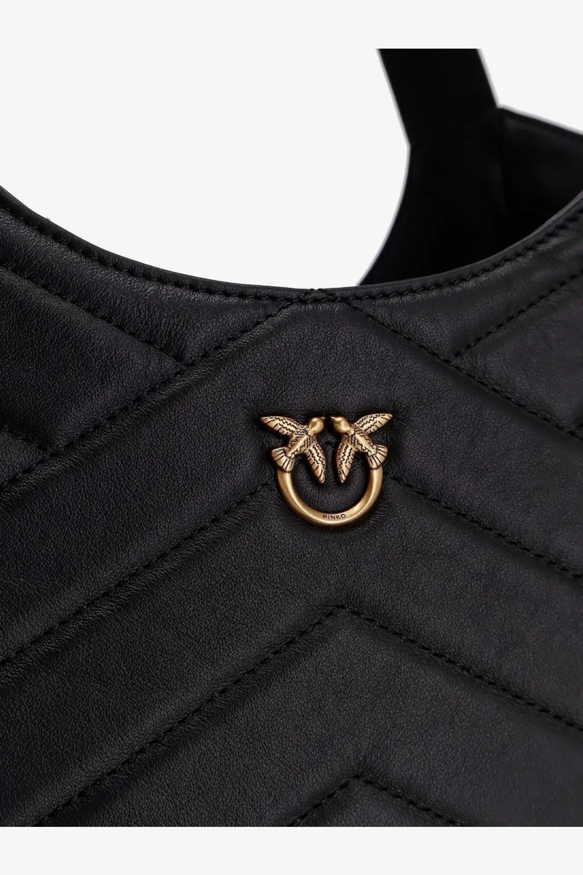 Pinko womens quilted leather shoulder bag in black featuring a gold-tone bird and ring logo emblem