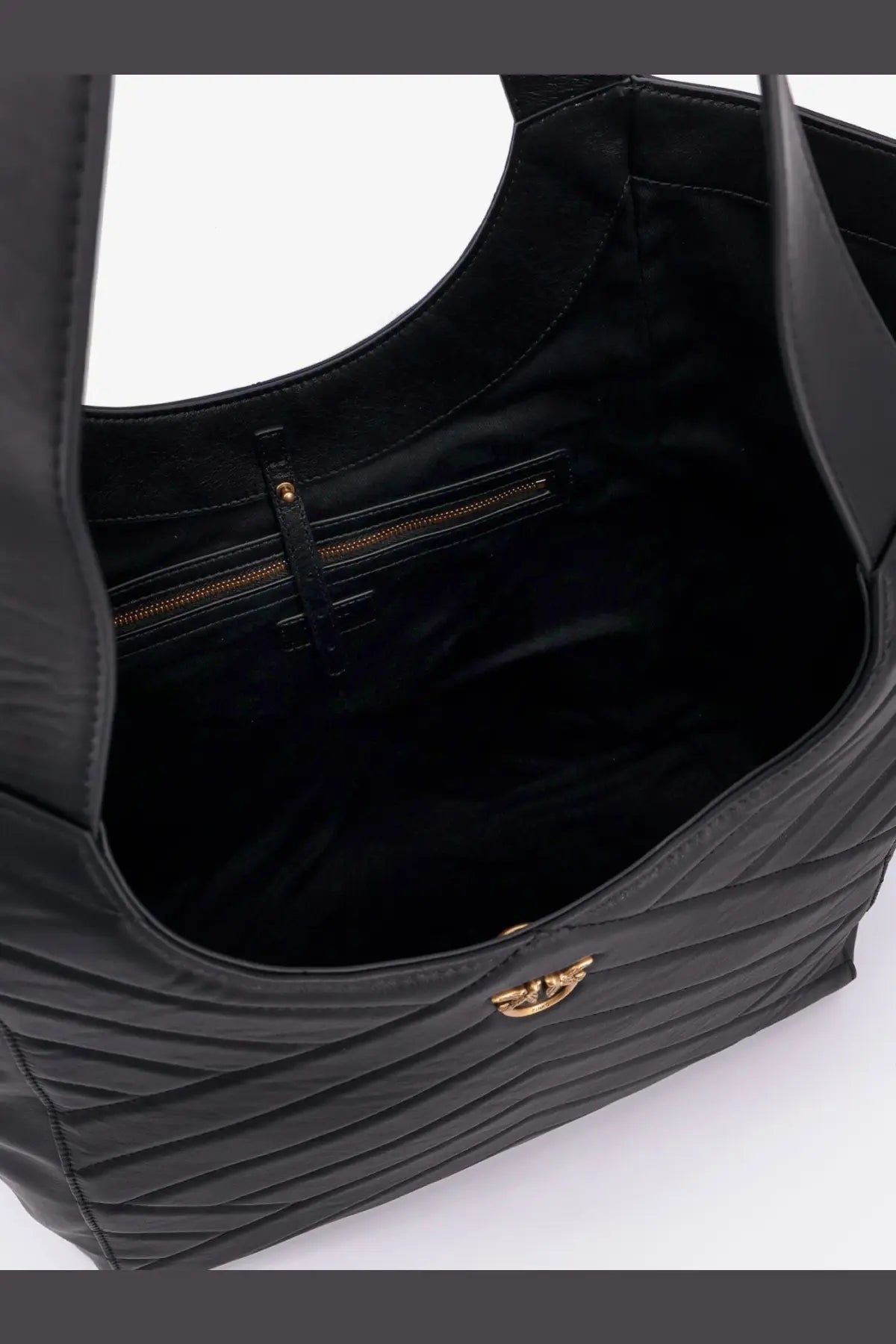 Pinko women’s quilted leather shoulder bag in black with gold-tone hardware and a distinctive logo clasp