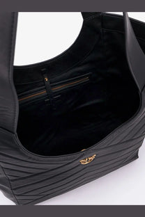 Pinko women’s quilted leather shoulder bag in black with gold-tone hardware and a distinctive logo clasp