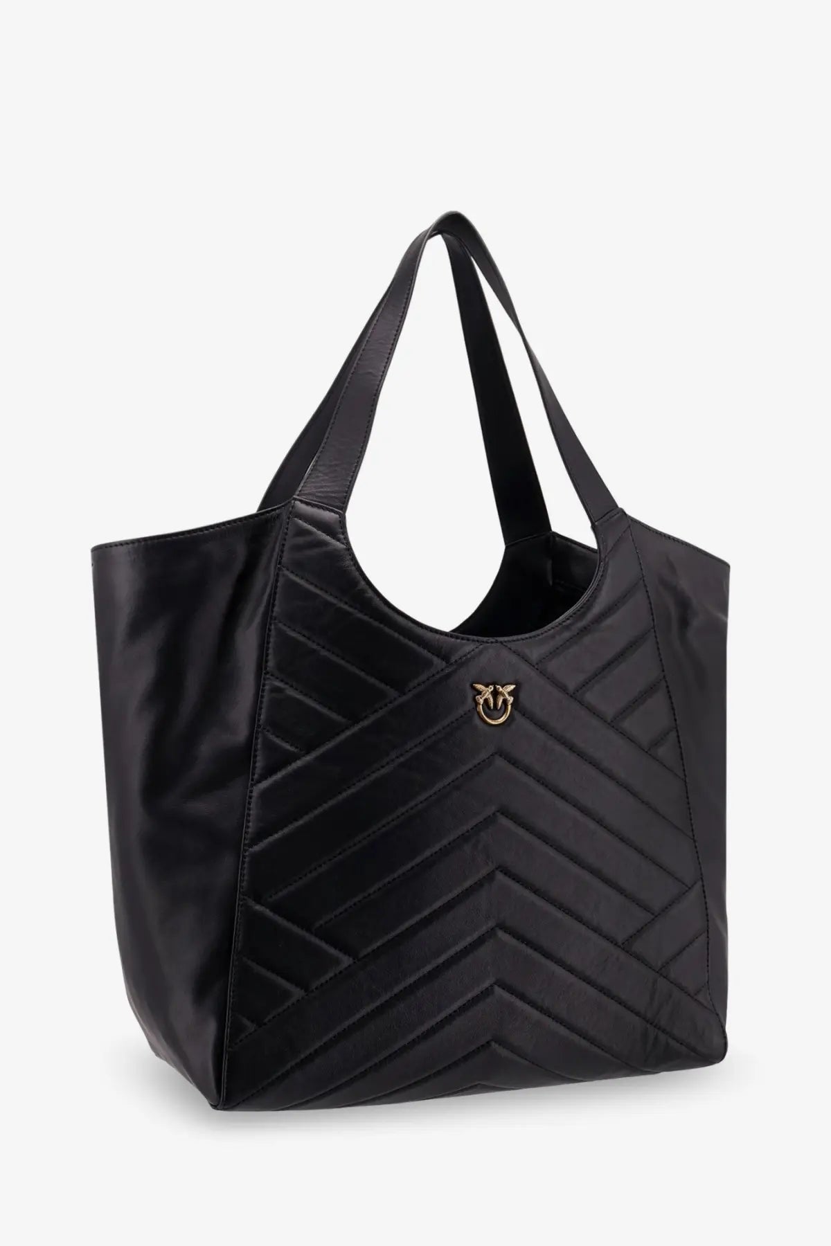 Pinko women’s black quilted leather tote bag with gold-tone logo emblem for shoulder or hand carry