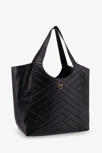Pinko women’s black quilted leather tote bag with gold-tone logo emblem for shoulder or hand carry