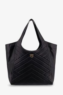 Pinko women’s black quilted leather tote bag with gold-tone logo clasp for stylish shoulder wear